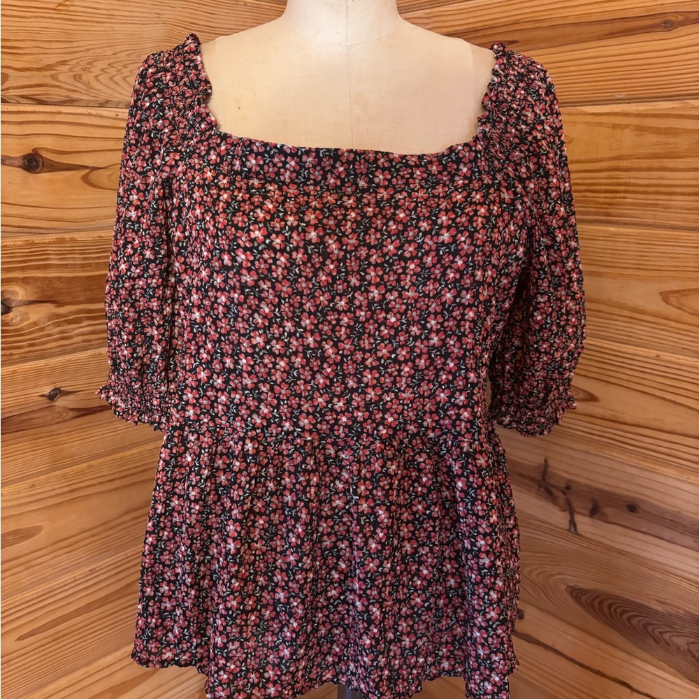 LOFT Pink and Black Floral Blouse